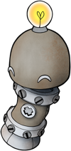 Illustration of small centien robot made of metal with shiny lightbulb on top of its head.