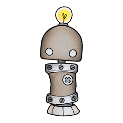 Illustration of small centien robot made of metal with shiny lightbulb on top of its head.