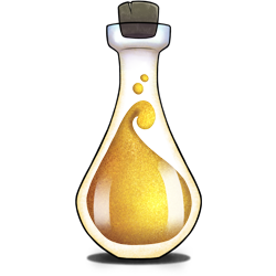 Illustration of laboratory glass bottle with yellow shimmery substance.