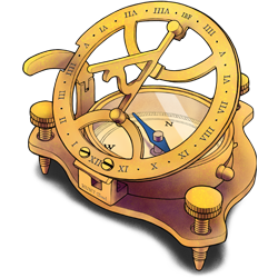 Illustration of sundial compass in brass.
