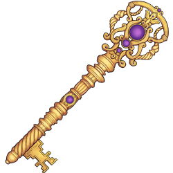 Illustration of decorative hand-made golden key with purple gem stones.